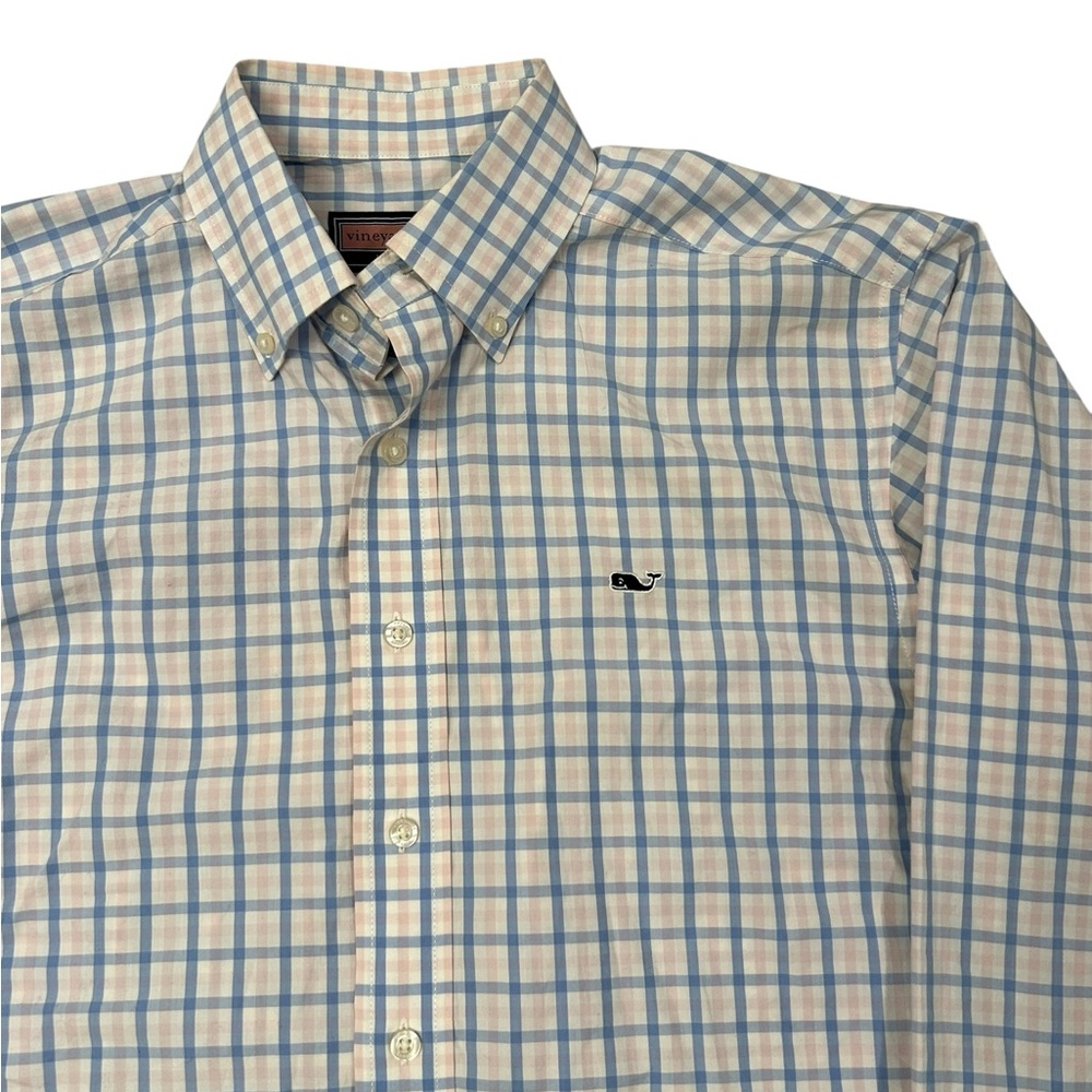 Vineyard Vines Men's Blue Pink and White Checkered Whale Shirt Long Sleeve S